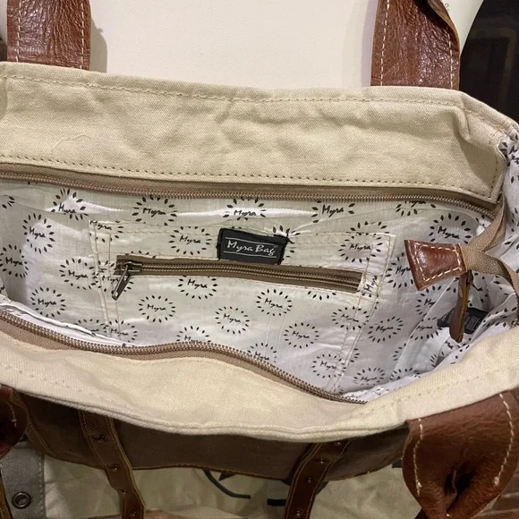 Myra Bag Vintage Style Canvas and Leather Army Tote Bag - Picture 5 of 7